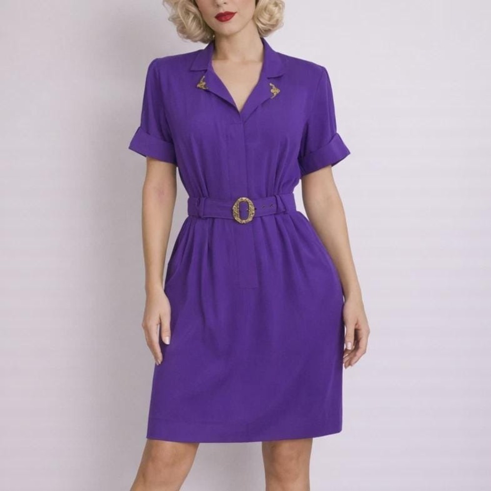70s Vintage Purple Mini Shirt Dress Belted Western Cowgirl Womens S Rodeo V Neck